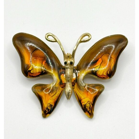 Vintage Emmons Signed Brown Yellow & Orange Swirl Enamel & Goldtone Butterfly - Picture 1 of 3